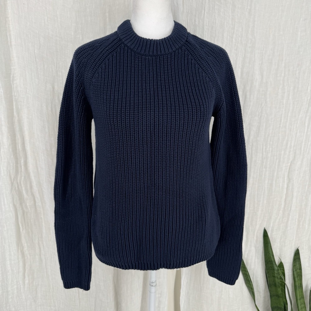 Quince Organic Cotton Fisherman Crew Sweater Navy XS Minimalist Coastal Chunky